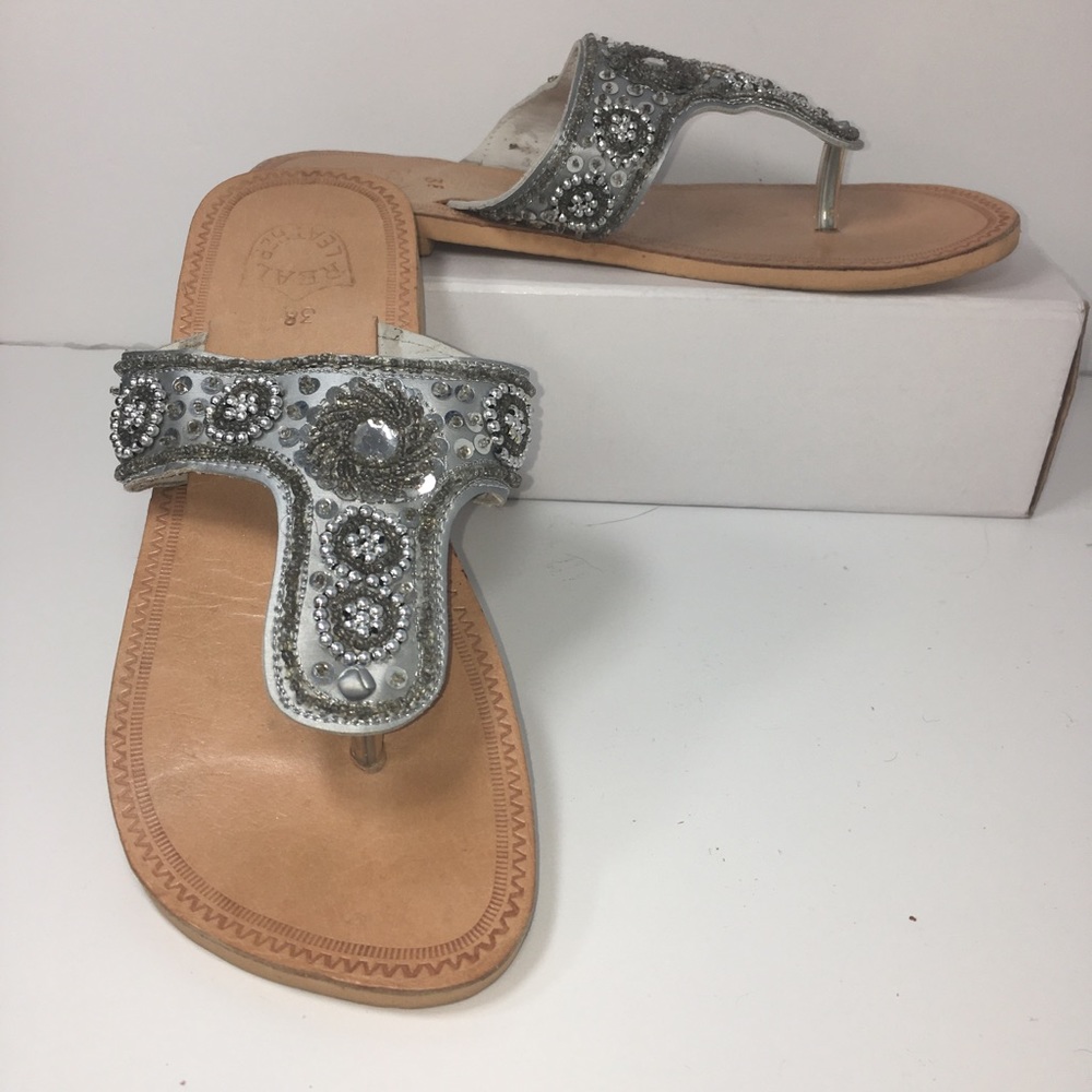 Silver Leather Sandal with rhinestones & beading